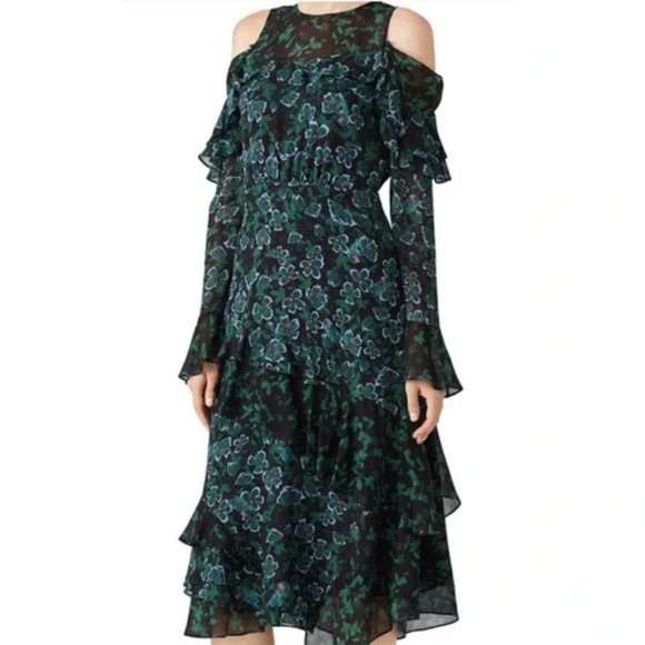 Tanya Taylor Green Floral Althea Silk Ruffle Midi Cold Shoulder Dress whimsigoth - Picture 11 of 13